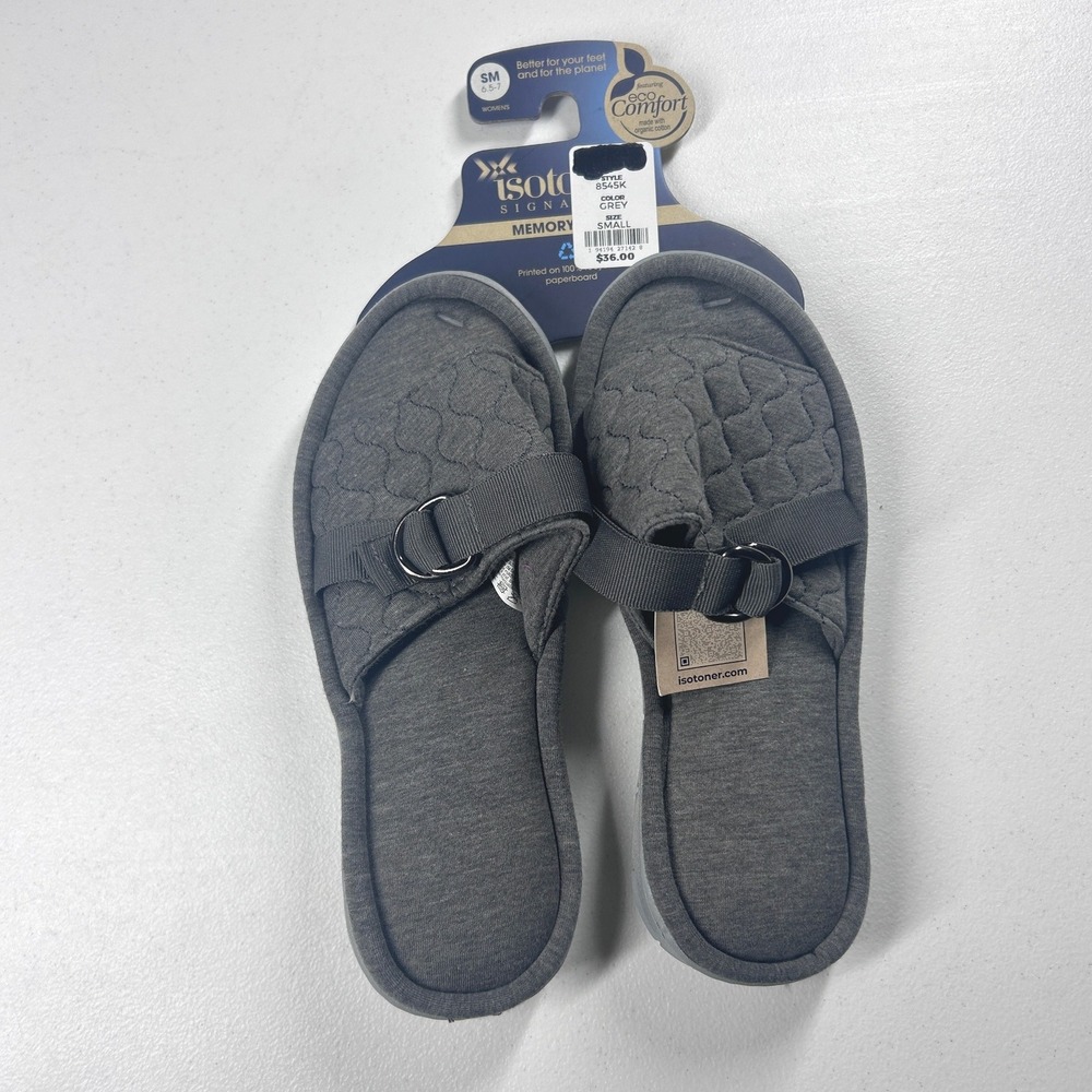 Isotoner Womens Small (6.5 -7) Gray Memory Foam Slippers‎ Outsole Slides NEW